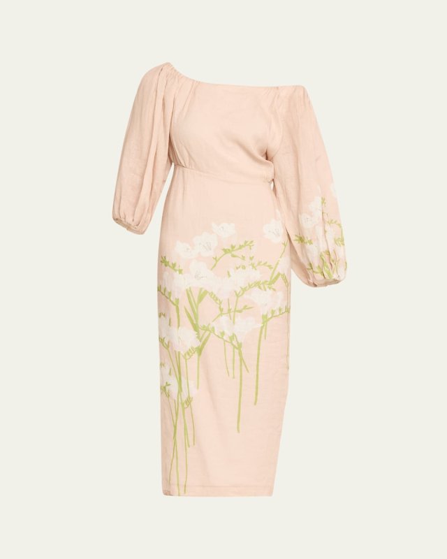 Printed Off-The-Shoulder Linen Dress